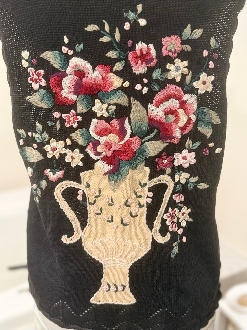 Capacity Black Floral Embroidered Sweater Vest — Size L